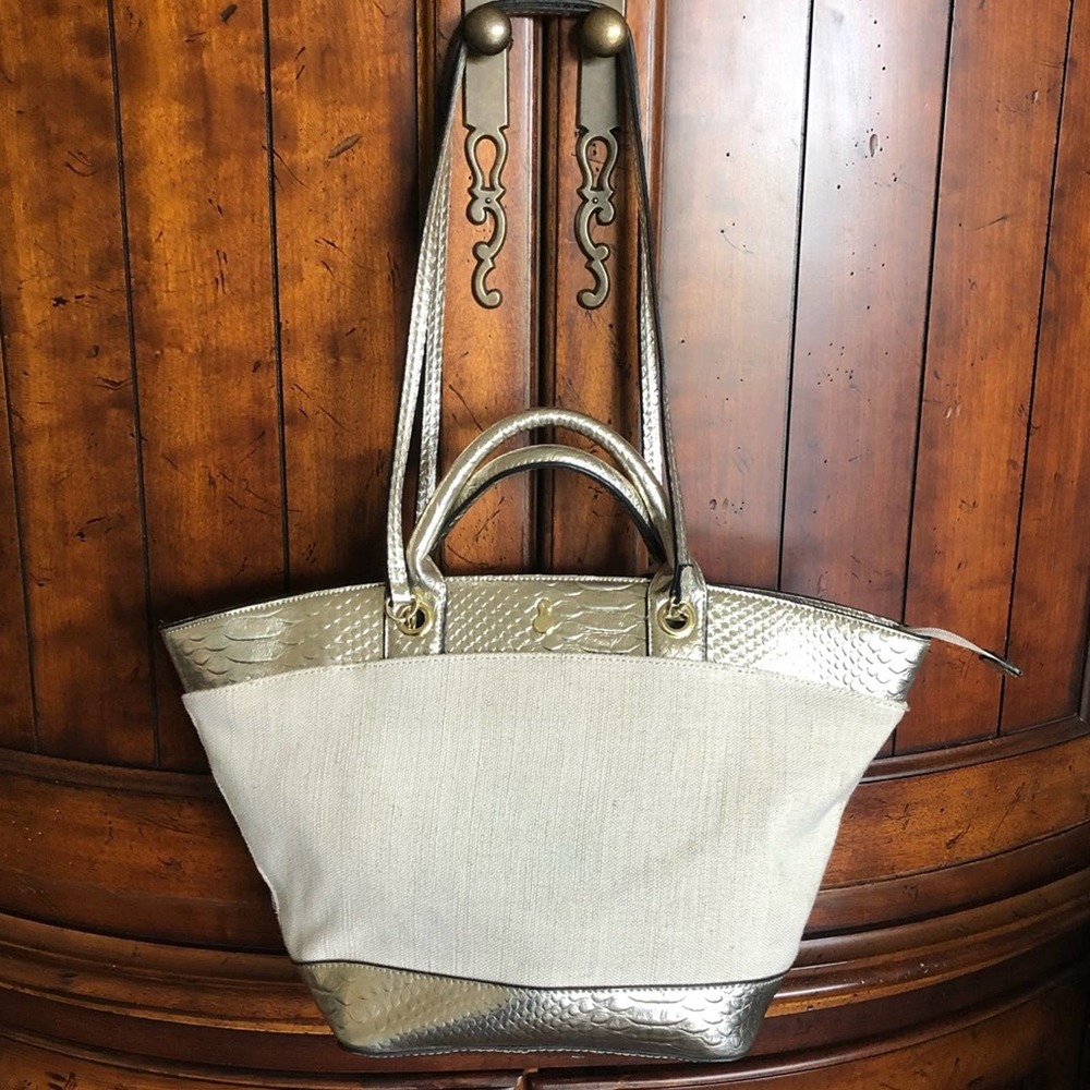 London Fog Gold Metallic Linen Snakeskin Tote Large